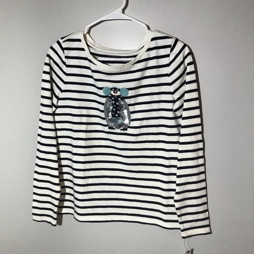 Talbots cotton long sleeve top nautical stripes embroidered penguin sequins S